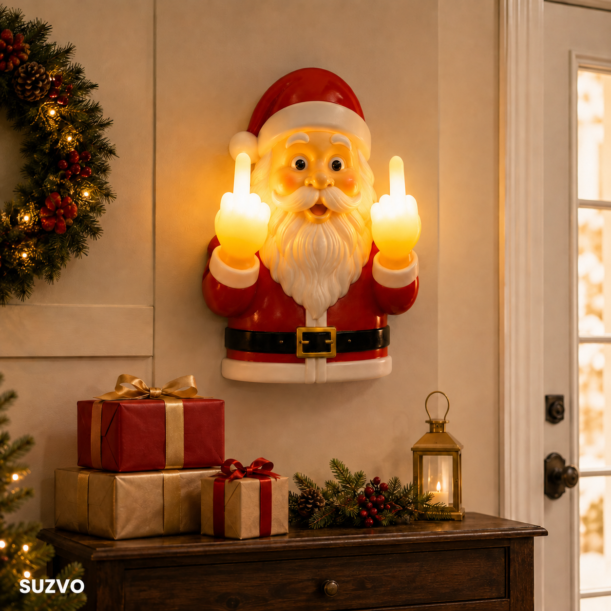 🎅 Light-Up Middle Finger Santa Wall Decor – Hilarious Christmas Decoration