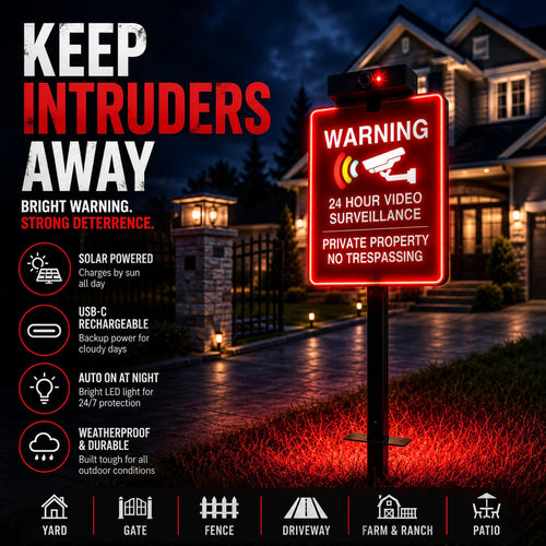 🔥 LAST DAY 40% OFF | Solar LED No Trespassing Security Sign – Rechargeable Outdoor Warning Sign with Stake