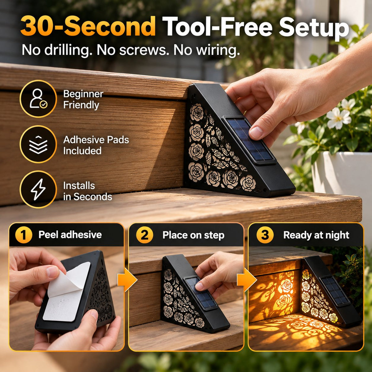 Solar Step Lights – Automatic Dusk-to-Dawn Glow, No Wiring Needed for Steps, Porches & Garden Paths