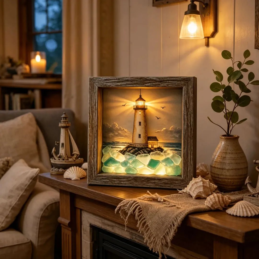 Coastal Lighthouse Sea Glass Shadow Box Night Light