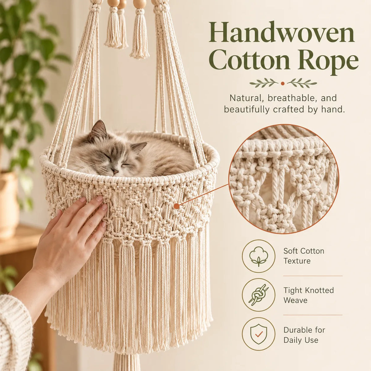 Handmade Cotton Rope Hanging Cat Hammock & Artistic Swing Nest Boho Suspended Cat Bed for Window, Wall & Home Decor