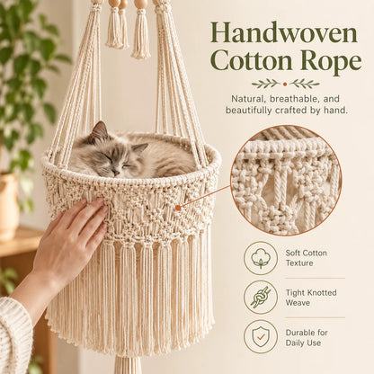 Handmade Cotton Rope Hanging Cat Hammock & Artistic Swing Nest Boho Suspended Cat Bed for Window, Wall & Home Decor