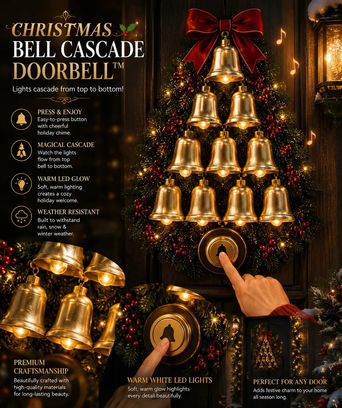 🔔 Christmas Bell Cascade Doorbell– Light-Up Holiday Chime Door Decor 🎄