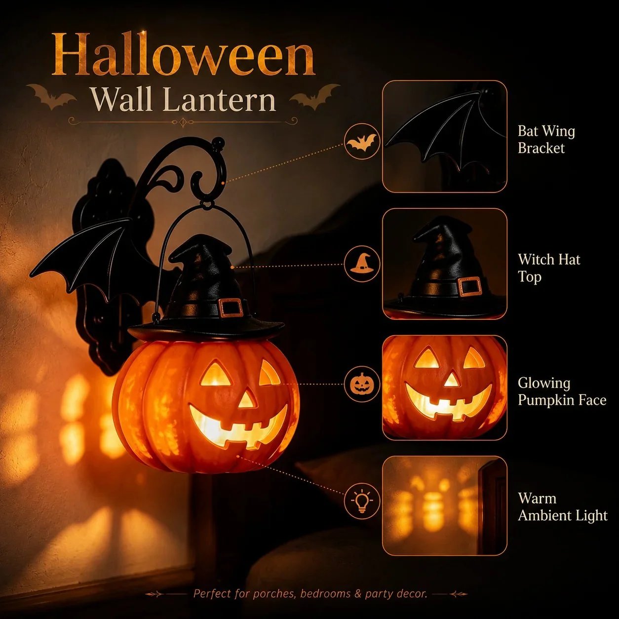 🎉🎃Halloween Early Bird Special Sale 50% OFF🎃 Bat Hat Pumpkin Wall Lamp 🦇