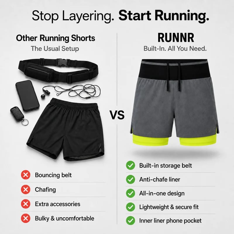Marathon Pro Shorts — Front Mesh Storage Belt · Right Inner Liner Phone Pocket · Rear Zip Pocket · Anti-Chafe Liner