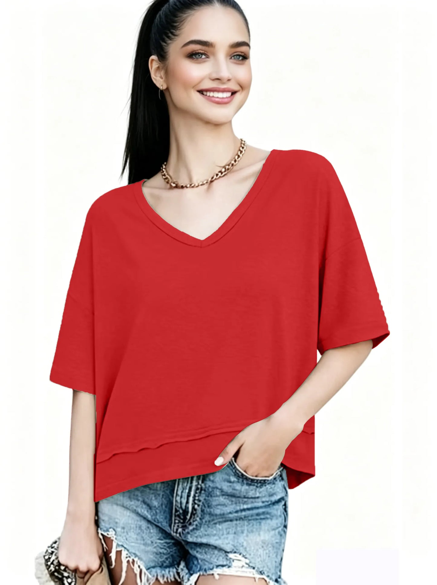 Women's V-neck Mid-length Sleeve Spliced Hem Basic Top