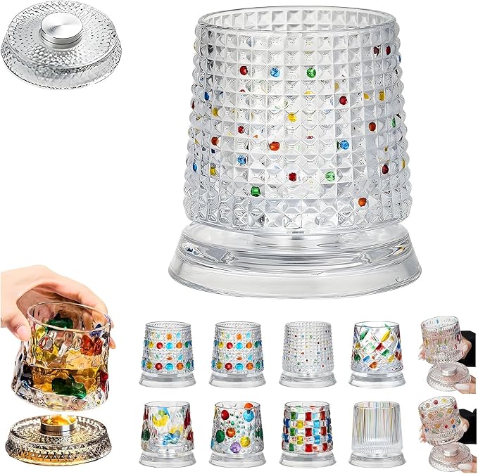 Spinning Whiskey Glasses, Vintage Colored Crystal Whiskey Glass, Hand-Painted Old Fashioned Tumbler for Bourbon, Scotch, Cocktails, Decorative Drinking Glass for Home Bar