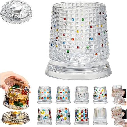 Spinning Whiskey Glasses, Vintage Colored Crystal Whiskey Glass, Hand-Painted Old Fashioned Tumbler for Bourbon, Scotch, Cocktails, Decorative Drinking Glass for Home Bar