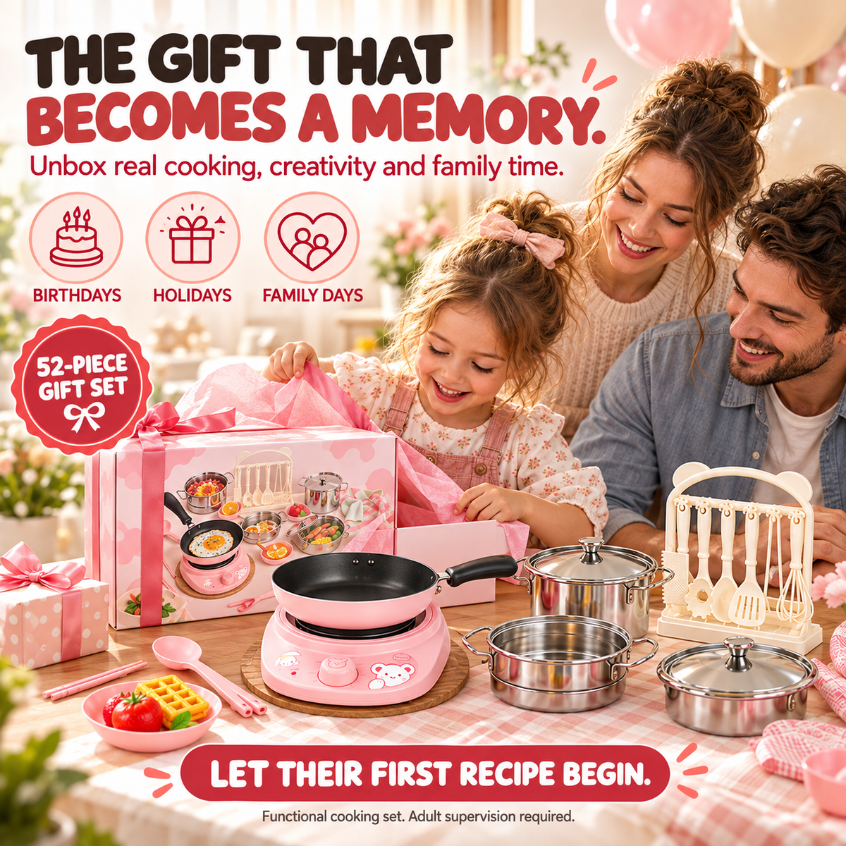 52-Piece Kids’ Mini Real-Cooking Kitchen Set with Electric Stove & Cookware