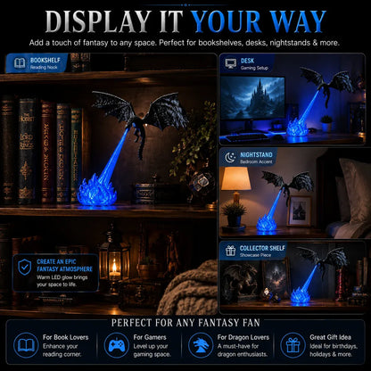 🔥 HOT SALE 🐉| 3D Fire-Breathing Dragon LED Display – Fantasy Bookshelf Decor with Glowing Flame