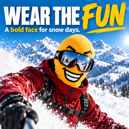 Big Cheese expression ski mask on snowy slope