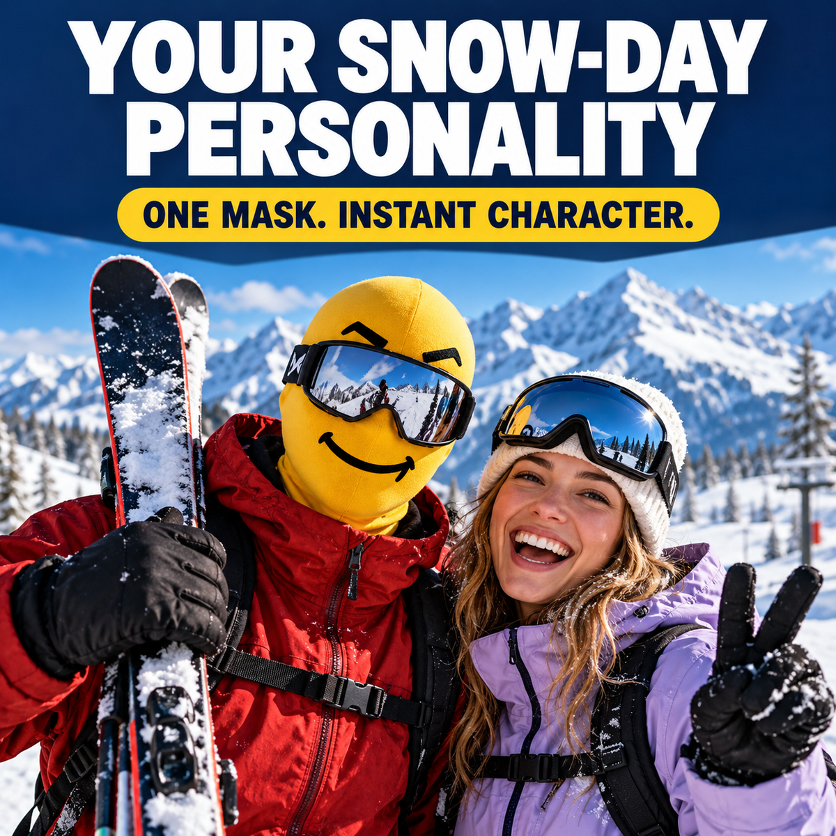 Smile expression ski mask with friend on snow day