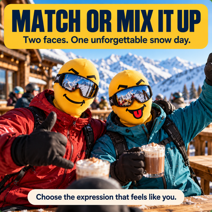 Smile and Silly expression ski masks at mountain lodge