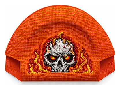 11 · Flaming Skull — Orange embroidered cap-back insert; cap not included