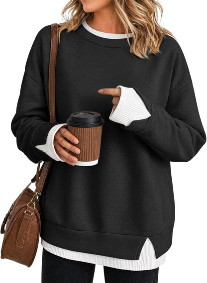 Women's Fake Two Piece Layered Sweatshirt Patchwork Oversized Pullover Top