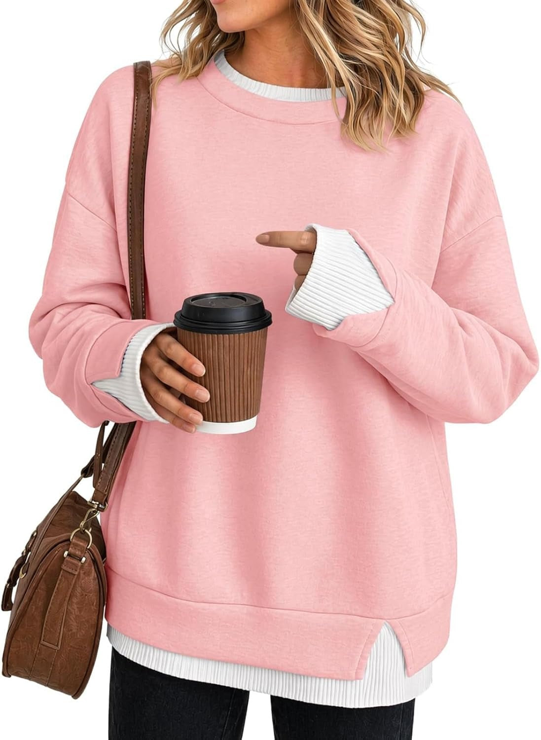 Women's Fake Two Piece Layered Sweatshirt Patchwork Oversized Pullover Top