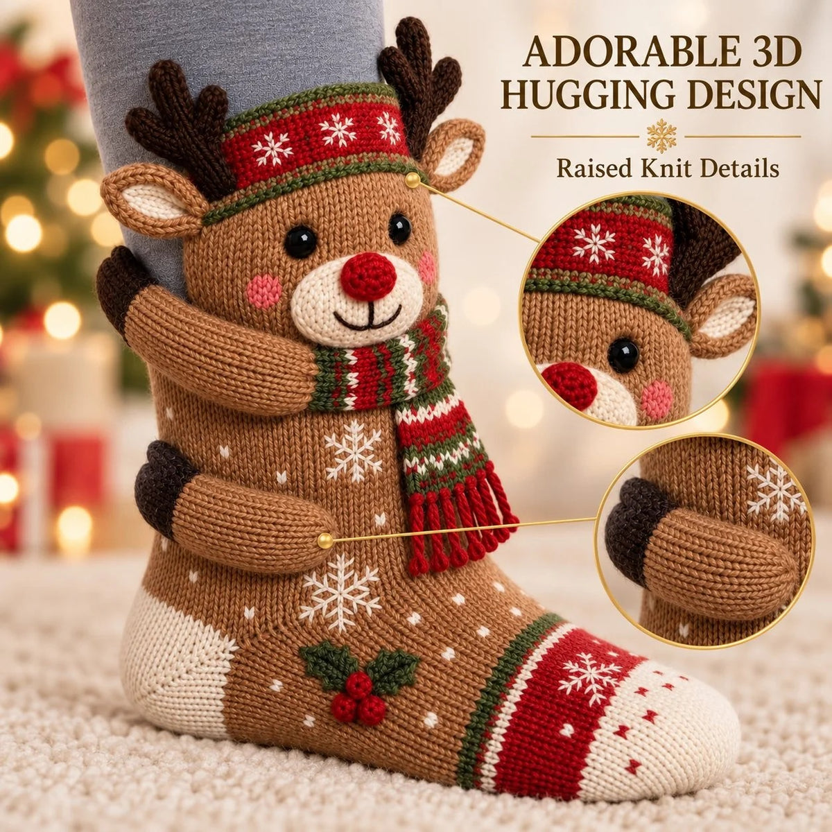 🎄 🧦3D Hugging Christmas Socks 🎅 Cute Knit Holiday Socks 5 Designs