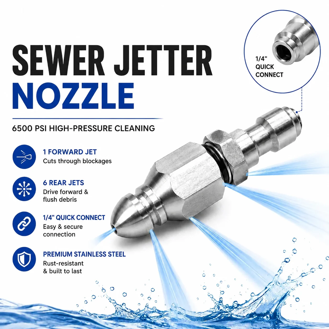 6500 PSI Stainless Steel Sewer Jetter Nozzle – 1/4" Quick Connect Drain Cleaning Attachment for Pressure Washers