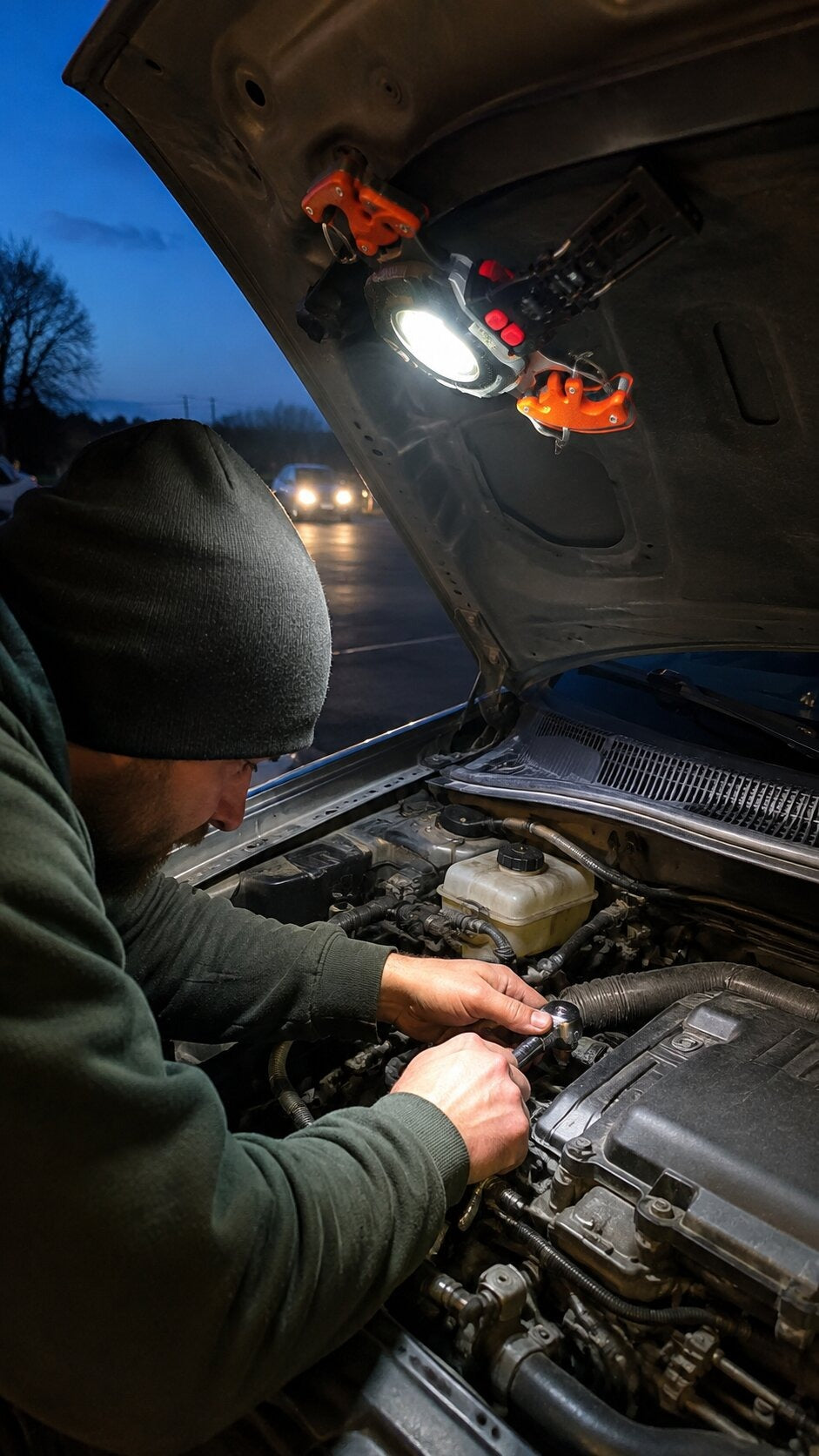 Keychain flashlight being used for car repair