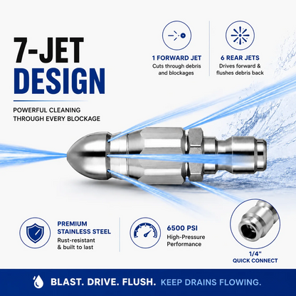 6500 PSI Stainless Steel Sewer Jetter Nozzle – 1/4" Quick Connect Drain Cleaning Attachment for Pressure Washers