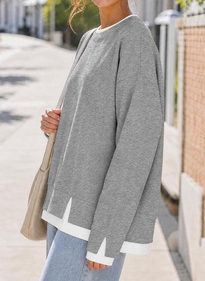 Women's Fake Two Piece Layered Sweatshirt Patchwork Oversized Pullover Top