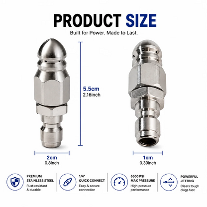 6500 PSI Stainless Steel Sewer Jetter Nozzle – 1/4" Quick Connect Drain Cleaning Attachment for Pressure Washers