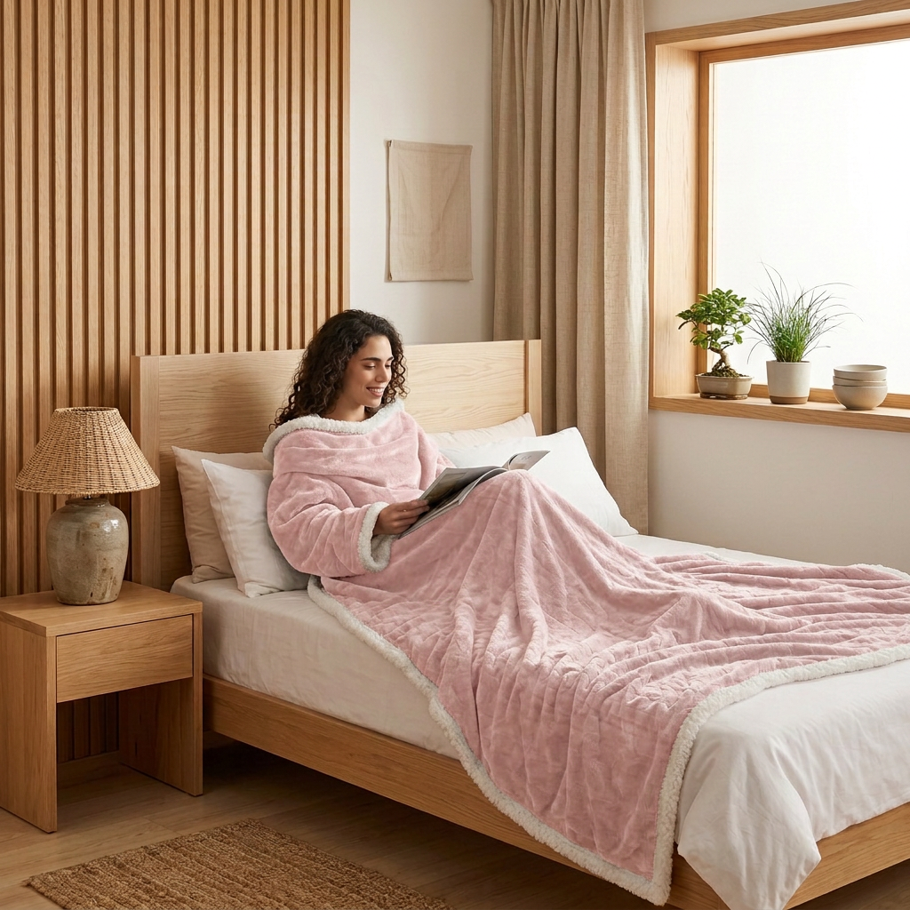 Woman reading in bed wearing the Kokoon blush pink wearable heated blanket in a Japandi-style bedroom