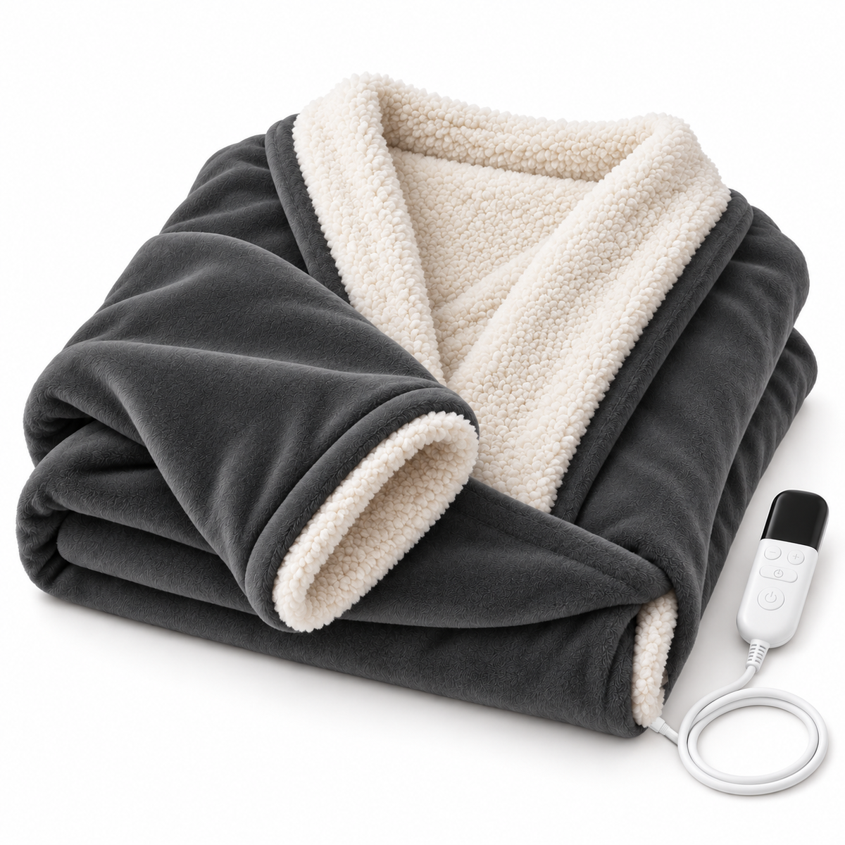 Kokoon charcoal gray wearable heated blanket, folded, with its plug-in digital controller