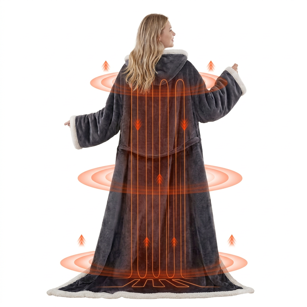 Back view of a woman in the Kokoon charcoal gray wearable heated blanket with its heating zones highlighted
