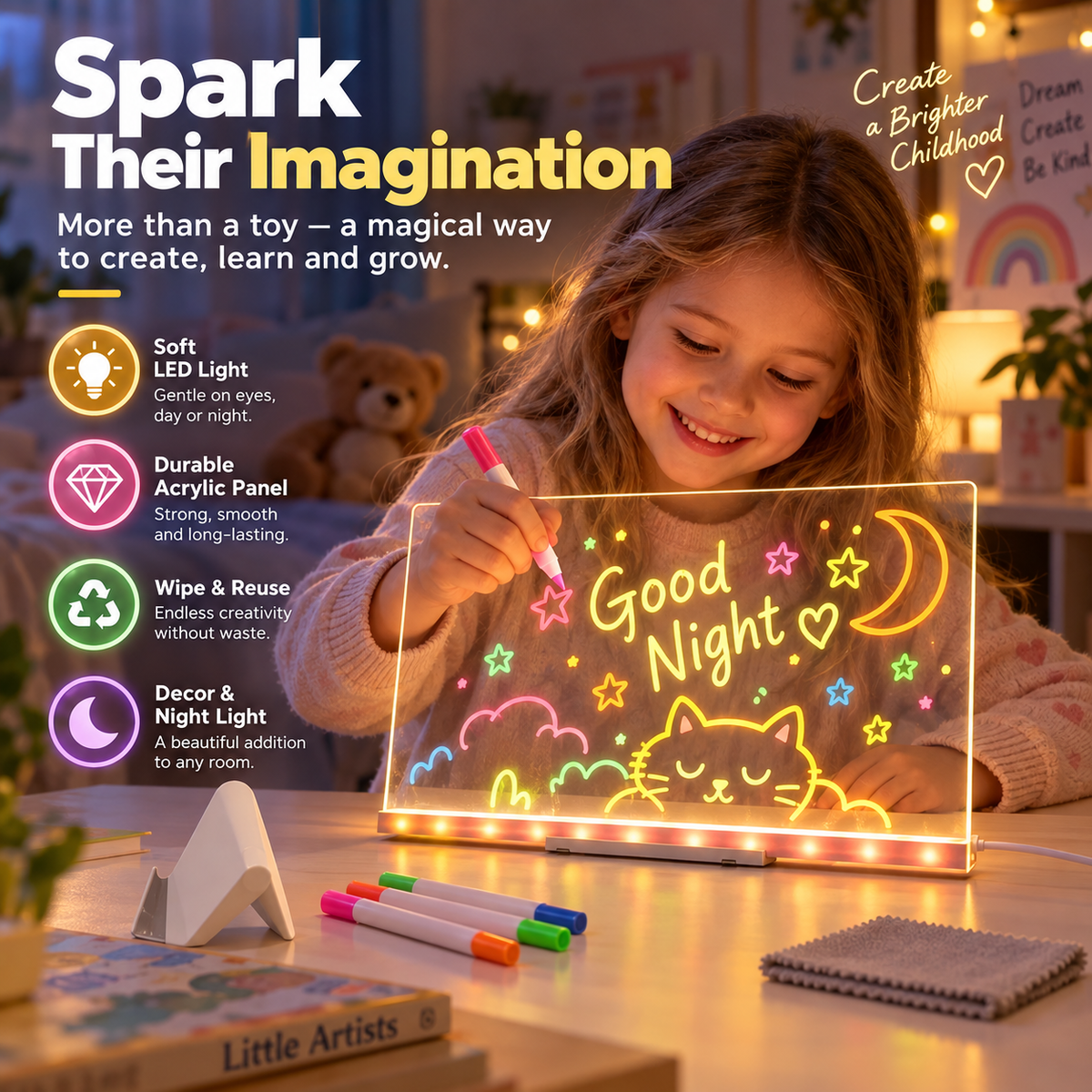 🎨 LED Drawing Board for Kids – Erasable Acrylic Art Board ✨