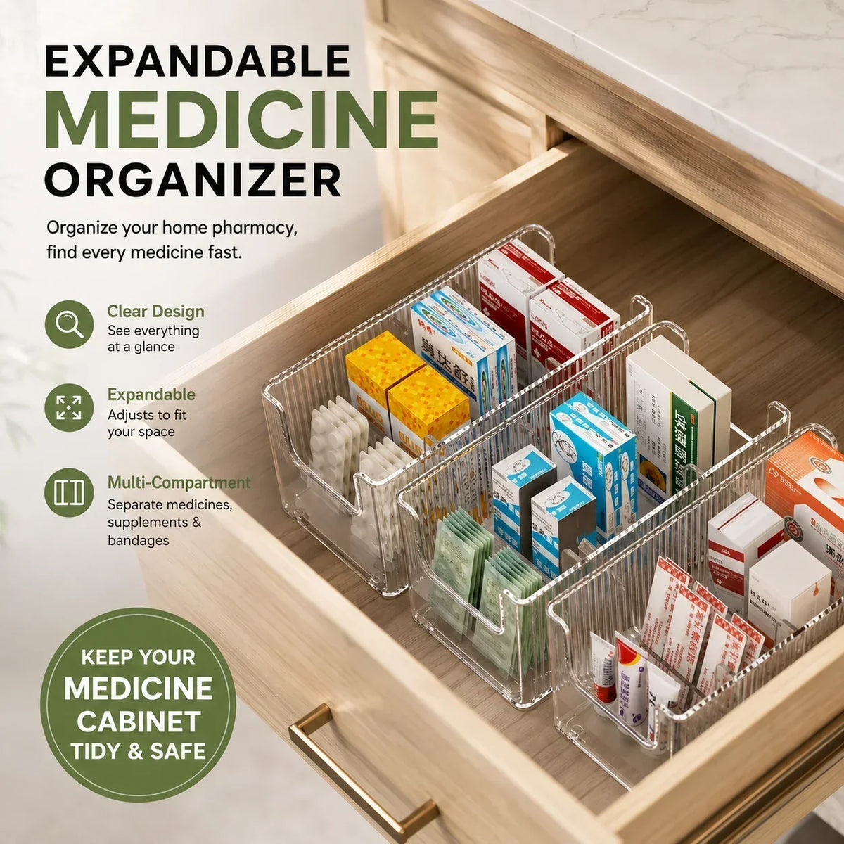 🔥 Transparent Expandable Medicine Organizer — expandable, perfect for a tidy medicine cabinet 💊🗄️