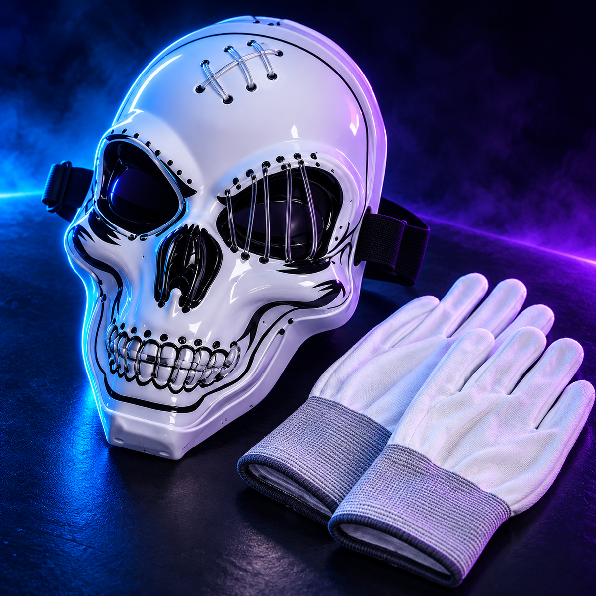 Close detail of the skull mask and gloves