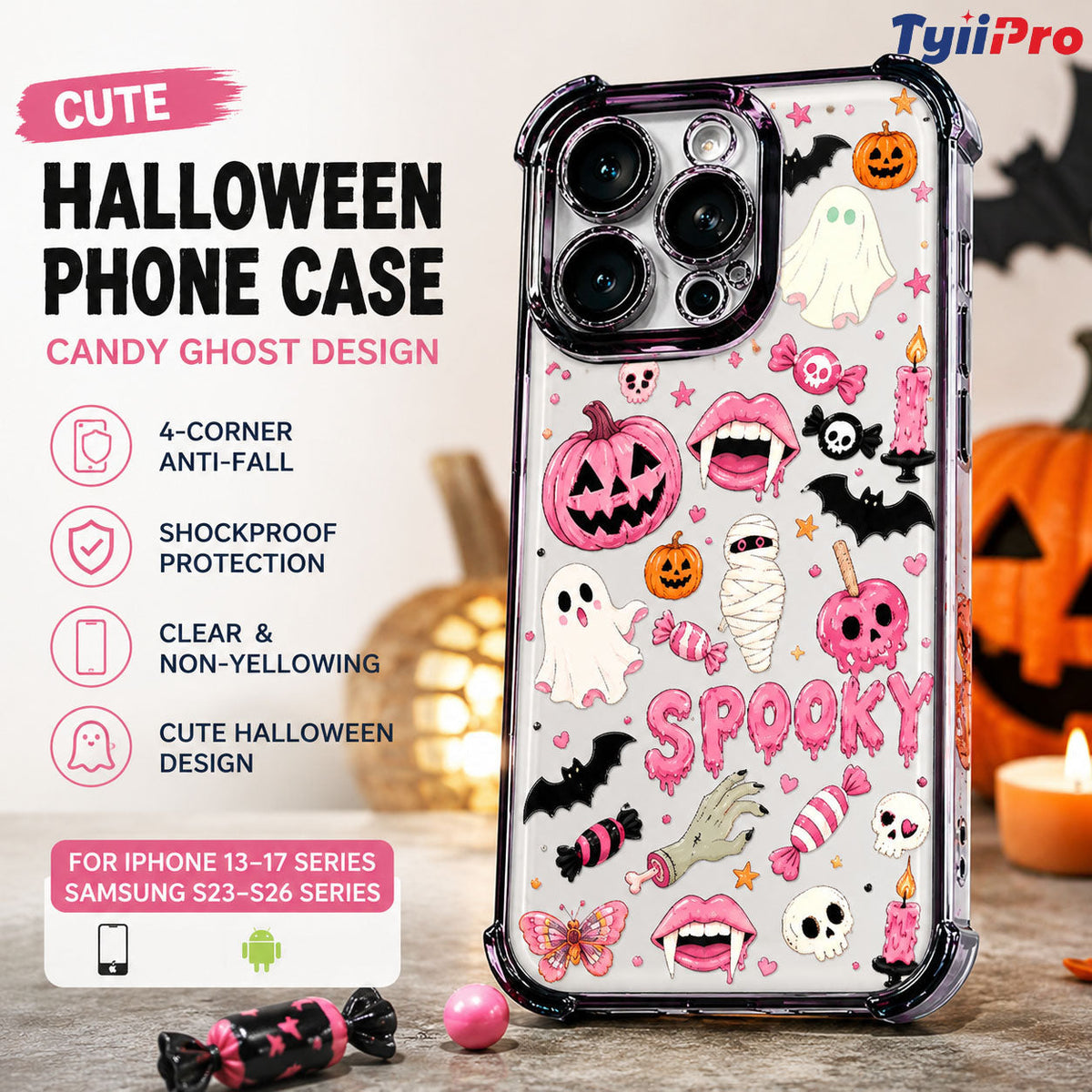 🎃Halloween Candy Ghost Phone Case – Cute Pumpkin & Ghost Design, Shockproof Magnetic Case