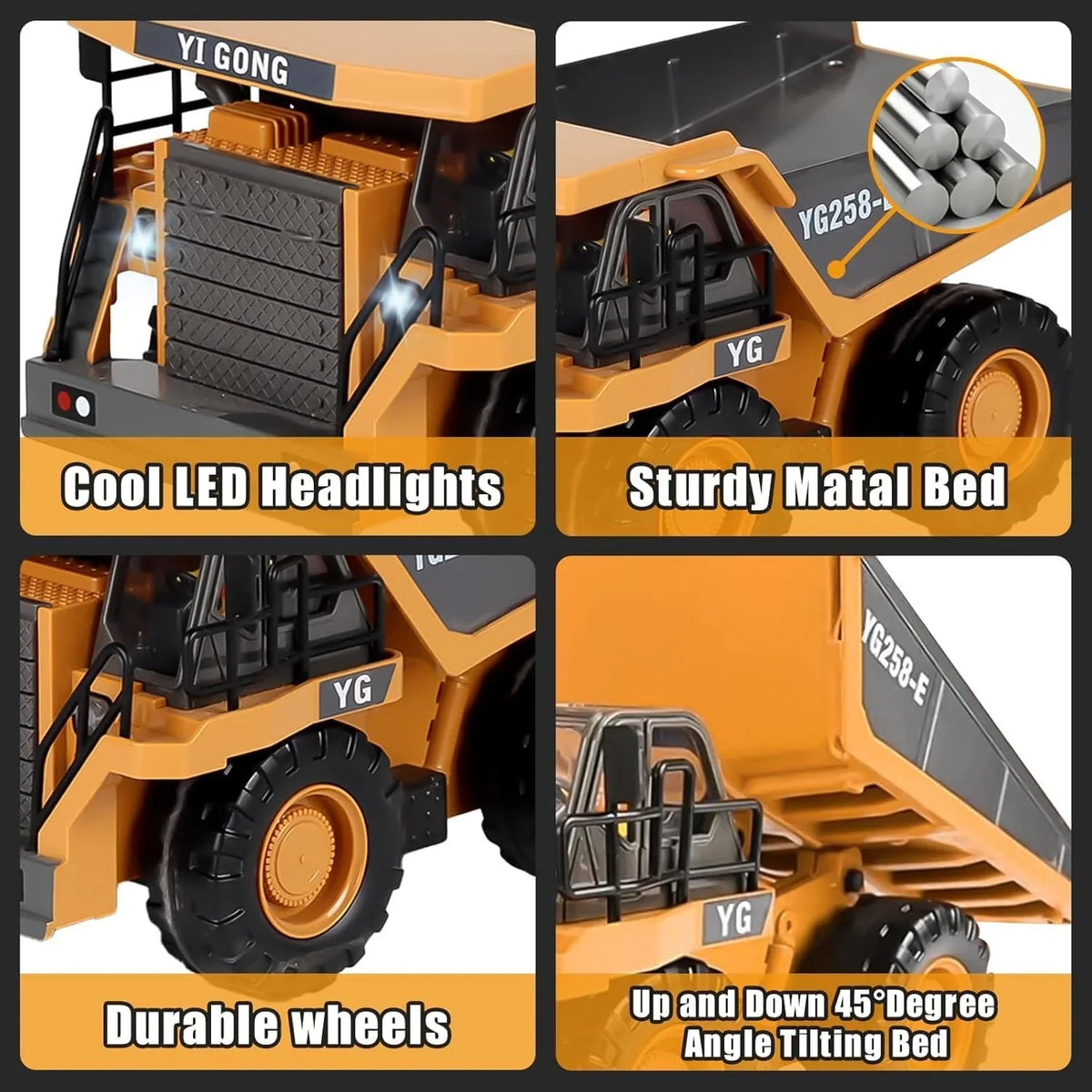 Professional alloy RC dump truck RC construction vehicle featuring LED headlights, durable wheels, sturdy metal bed, and 45-degree tilting mechanism for realistic construction play