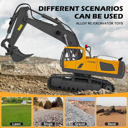 Professional alloy RC excavator toy designed for all-terrain play on lawn, slope, gravel, and sand