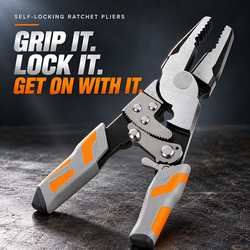 Self-locking ratchet pliers hero, gray and orange ergonomic handles