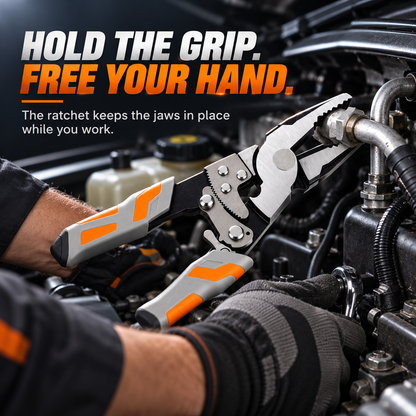 Ratchet pliers holding an automotive fitting while a mechanic works