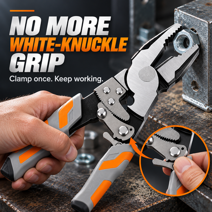 Self-locking pliers gripping a metal nut on a workbench