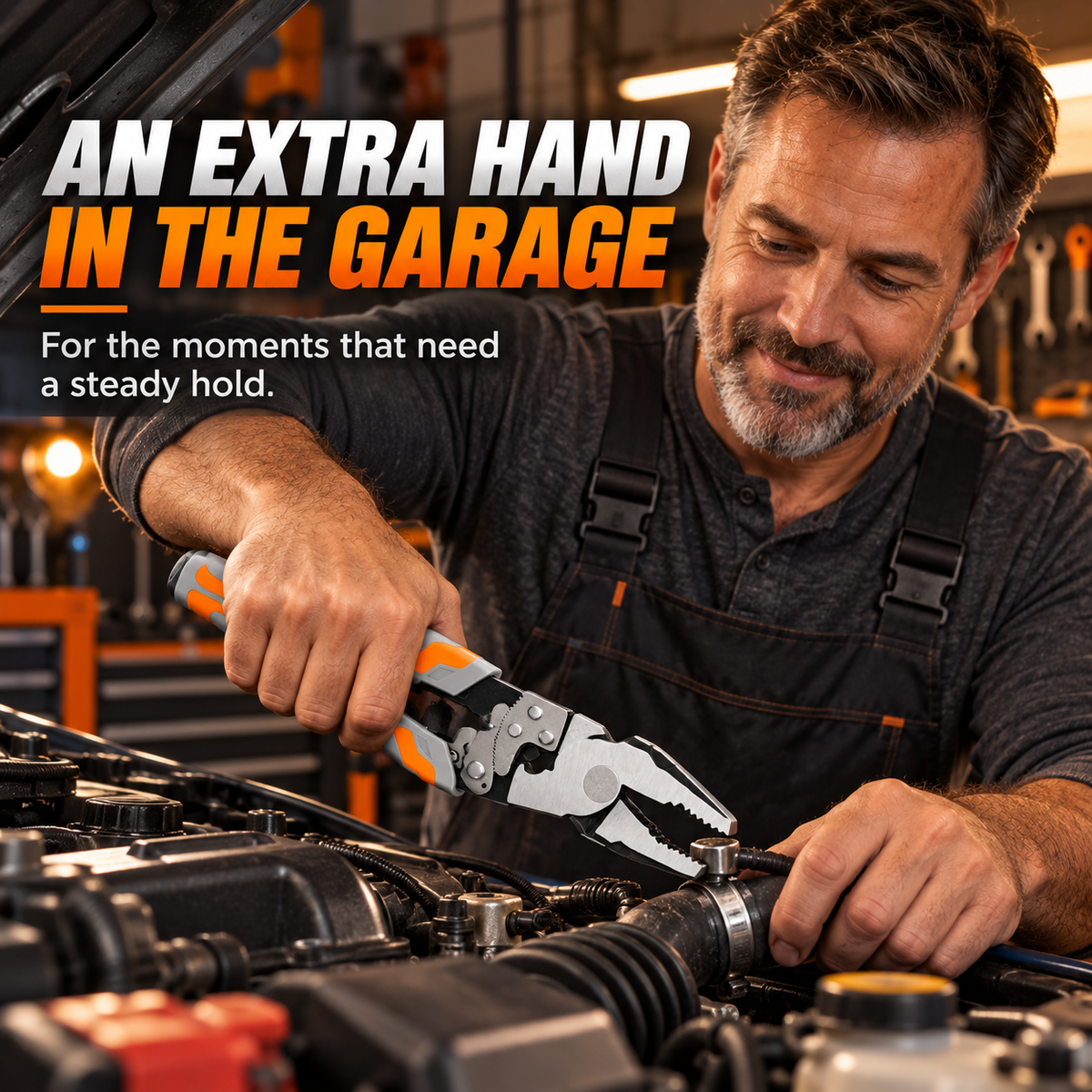 Mechanic using self-locking ratchet pliers at a car engine