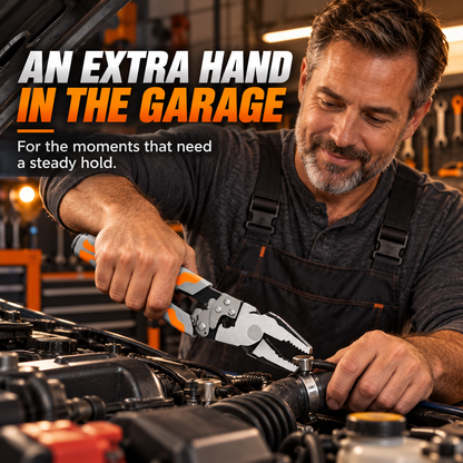 Mechanic using self-locking ratchet pliers at a car engine