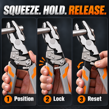 Three-step use of the pliers: position, lock and reset