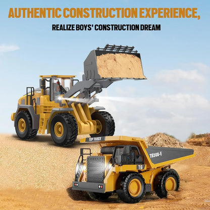 RC construction vehicle set for kids featuring a remote-controlled wheel loader and dump truck toy for sandbox play