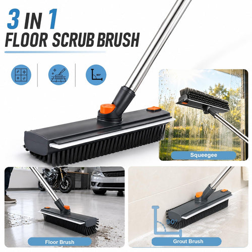 3-in-1 Rotatable Floor Scrub Brush with Long Stainless Steel Handle