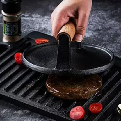 🍳 50% OFF! 🔥 Cast Iron Steak & Burger Press with Wooden Handle – Even Heat Distribution, Perfect Grill Marks & Easy Clean – Restaurant-Quality Results at Home 🥩✨