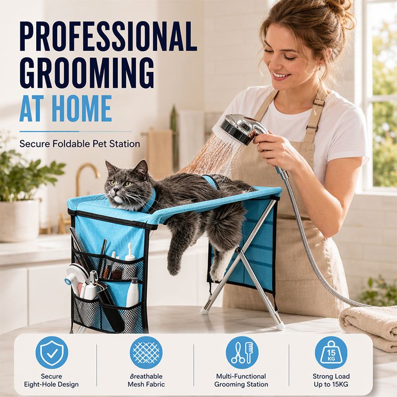 🐾50% OFF NOW ! ✂️2-in-1 Foldable Pet Grooming Bed – Breathable Mesh Cat & Dog Bathing Station with Storage Pockets, Home Pet Grooming Table
