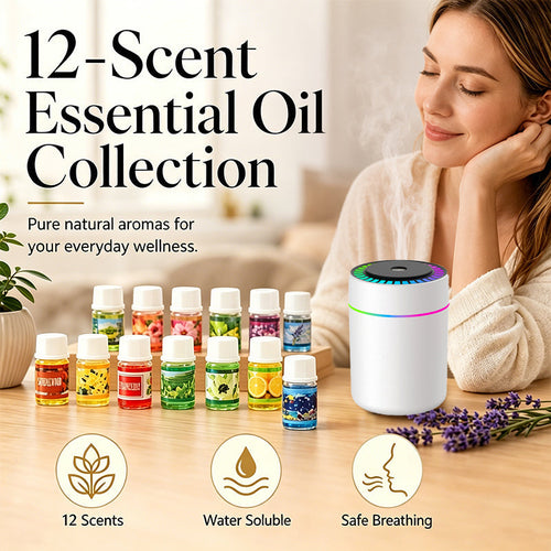 🌈  Aromatherapy Humidifier with Colorful LED Lights & 12-Pack Water-Soluble Essential Oils Set ✨
