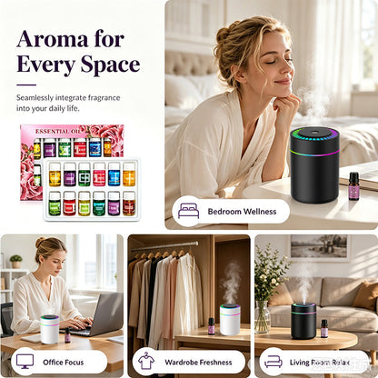 🌈  Aromatherapy Humidifier with Colorful LED Lights & 12-Pack Water-Soluble Essential Oils Set ✨