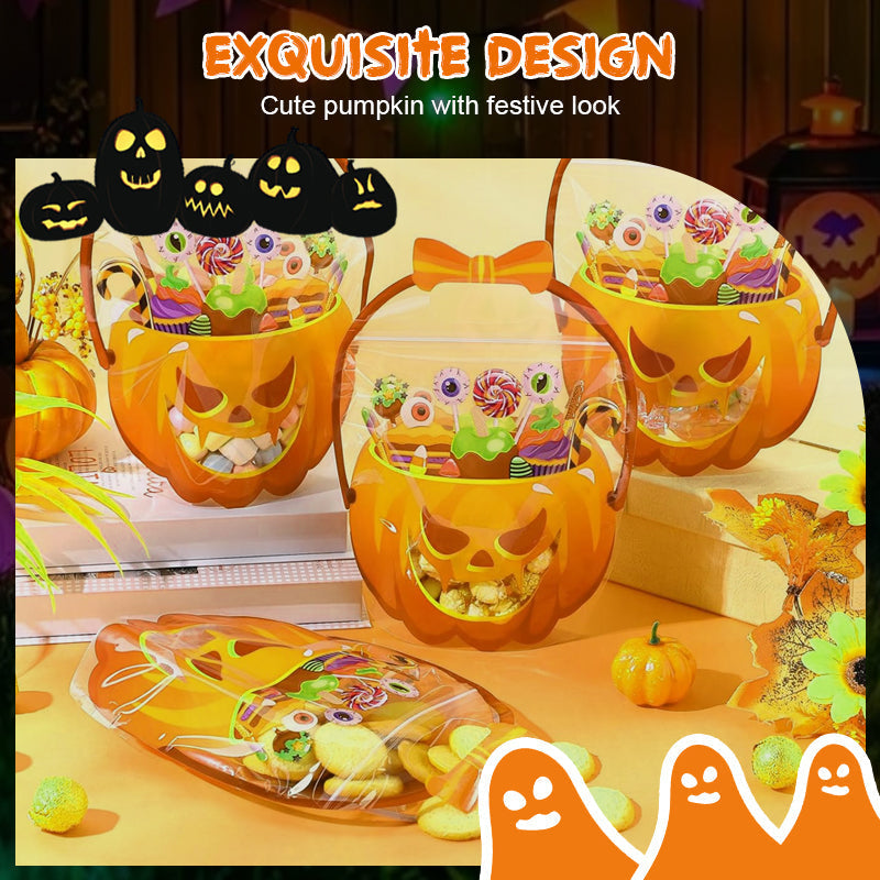 Festive pumpkin candy bags filled with Halloween treats