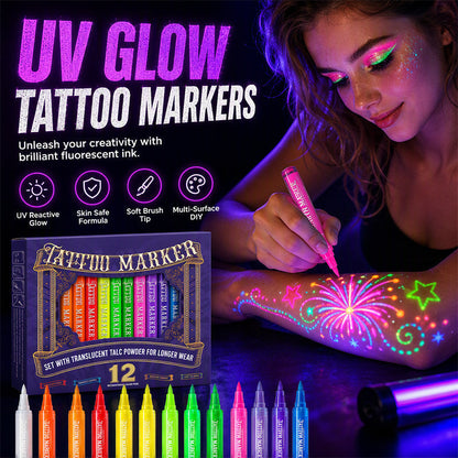 📢📢40% OFF !! ⏰ Glow Party Tattoo Pens | Temporary UV Body Art Markers | Fun Glow-in-the-Dark Designs for Parties, Festivals & Events 🎉