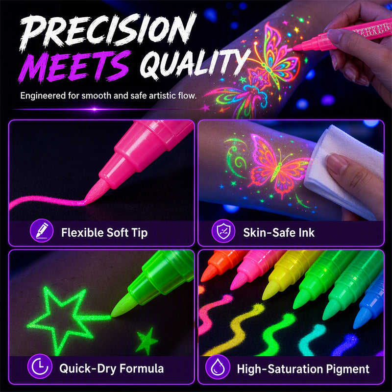 📢📢40% OFF !! ⏰ Glow Party Tattoo Pens | Temporary UV Body Art Markers | Fun Glow-in-the-Dark Designs for Parties, Festivals & Events 🎉